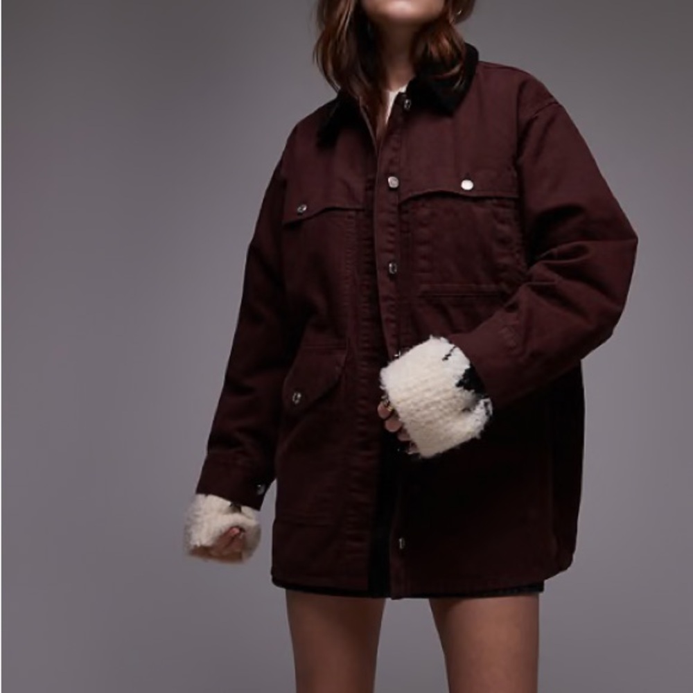 Topshop burgundy denim trucker jacket with contrast corduroy collar